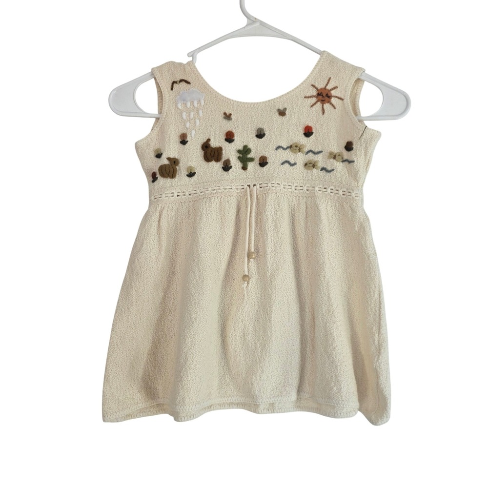 Embroidered Sun Sea Nature Scene Cream Knit Tank Dress Kids Size 6‎